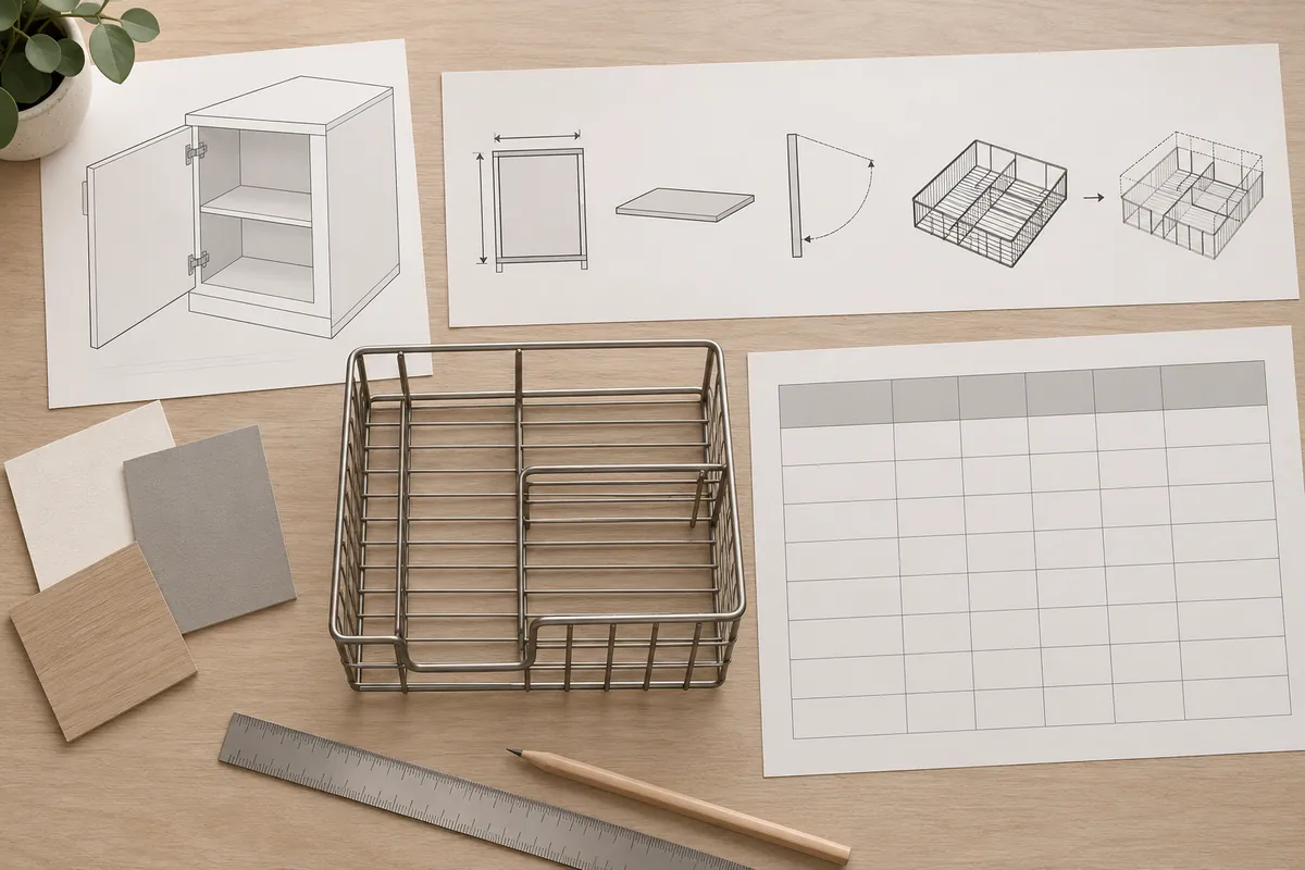 An importer compares cabinet opening, insert envelope, door sweep, shelf position and sample revision on a blank fit matrix