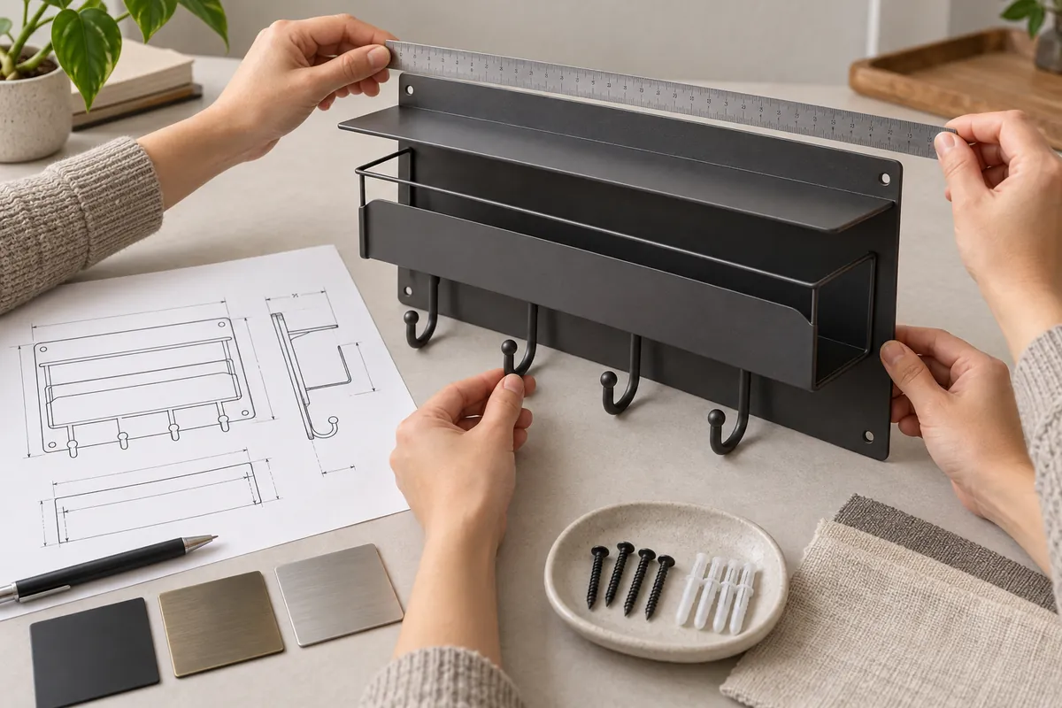 A buyer checks a generic metal entryway organizer sample against a drawing and ruler during an illustrative fit review