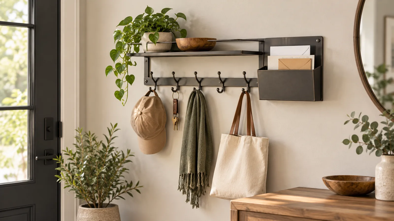 A generic entryway wall organizer concept combines a shelf, metal hooks and a mail pocket for assortment planning