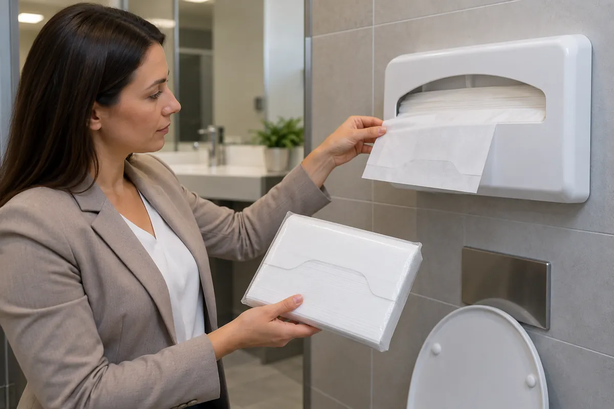 Buyer checks a sample paper-cover refill against the dispenser opening and fold orientation