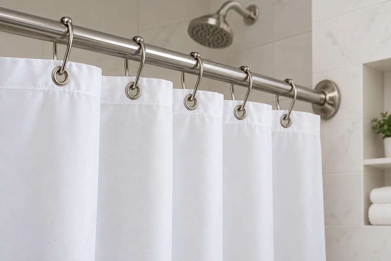 Generic metal shower curtain hooks connect a hotel shower curtain eyelet to a rod