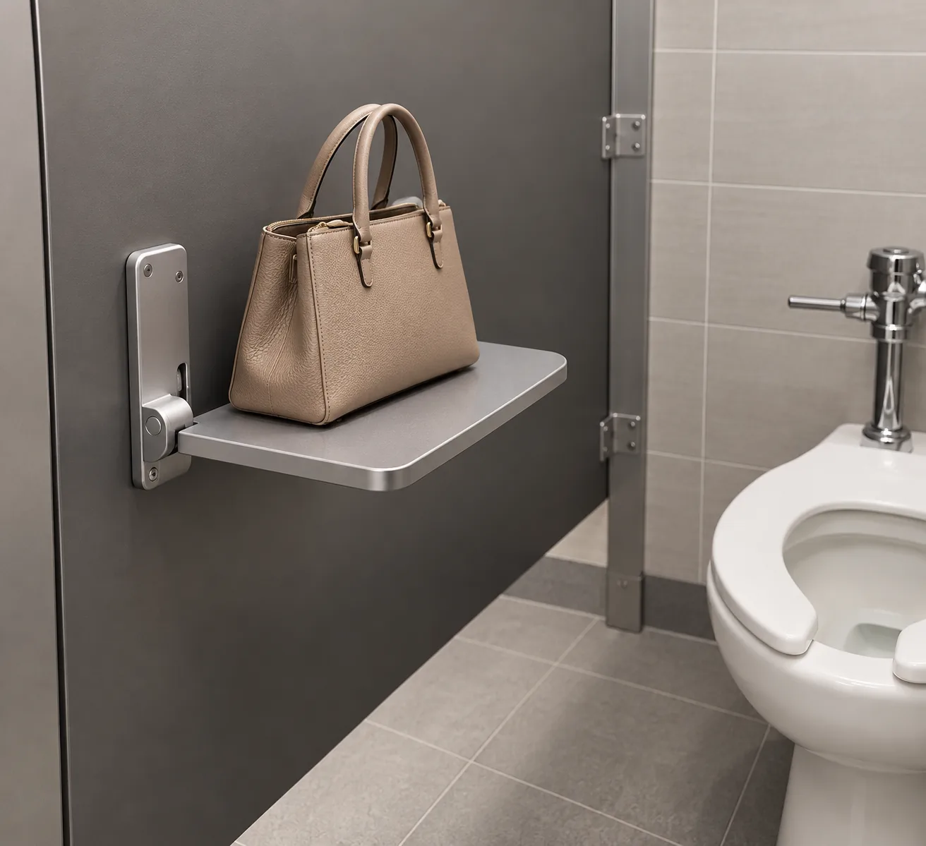 Generic folding purse shelf mounted on a toilet-stall partition in a commercial restroom