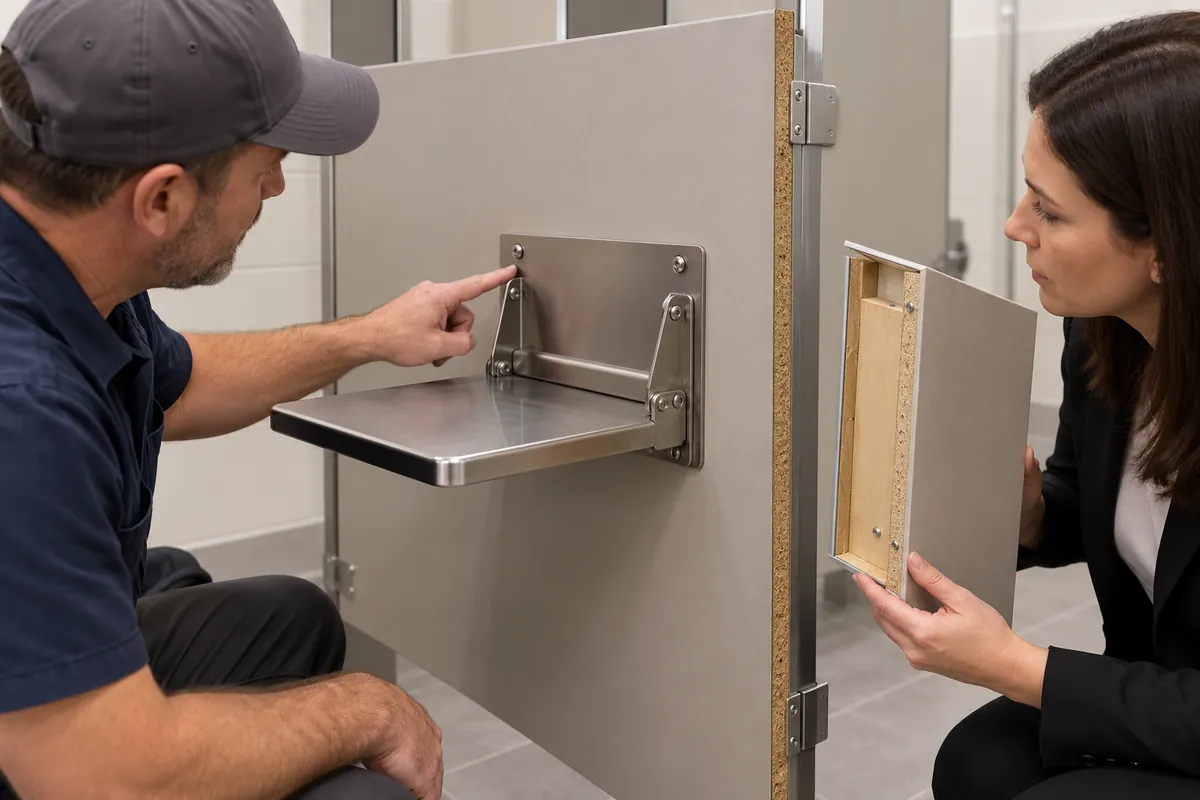 Project reviewer inspects a generic folding shelf sample against a restroom partition panel