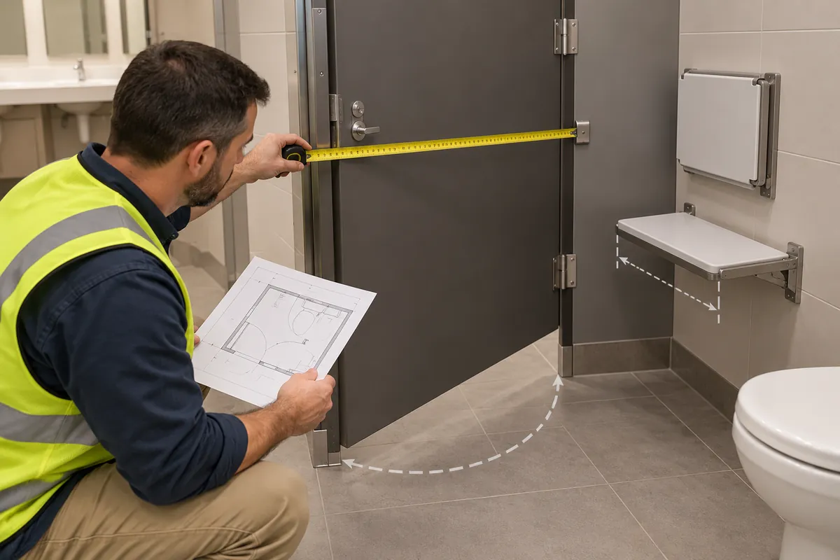 Buyer measures the door sweep and folded/deployed shelf projection on a restroom stall plan