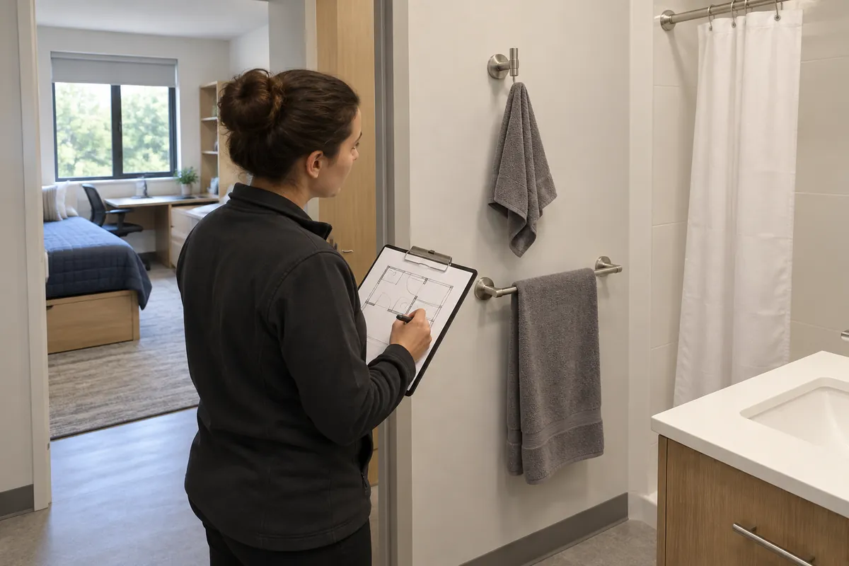 Facilities reviewer checks a generic residence bathroom plan and accessory placement
