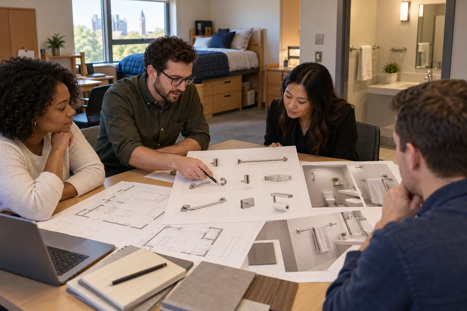 Project team reviews a student housing bathroom accessory schedule