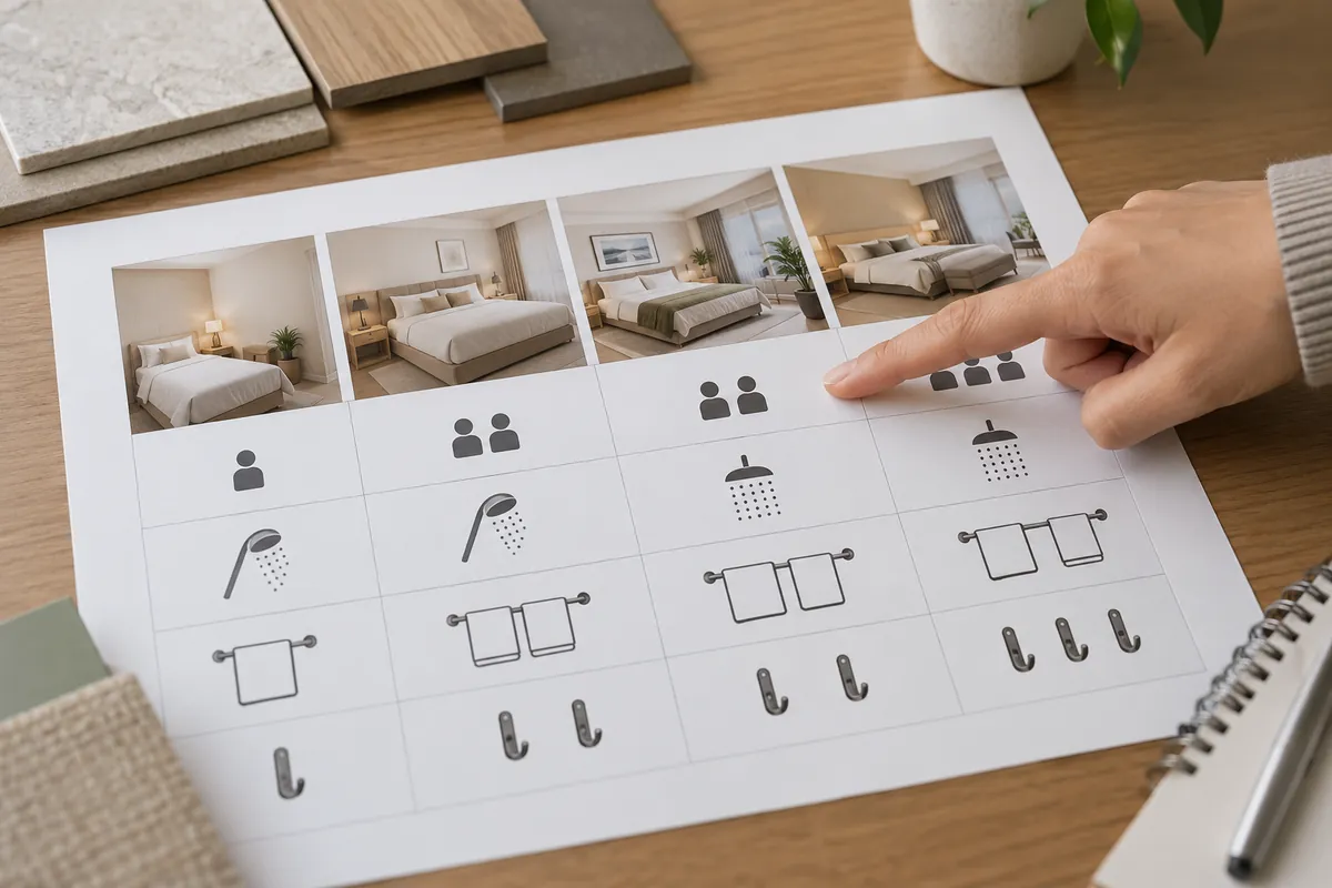 Buyer reviews a generic matrix linking room type, residents and bathroom hardware
