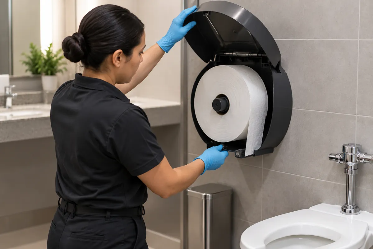 Facility staff opens a generic dispenser to review refill access and lock/key service