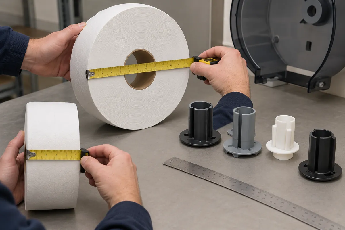 Buyer checks roll diameter, width and core against a generic jumbo dispenser spindle