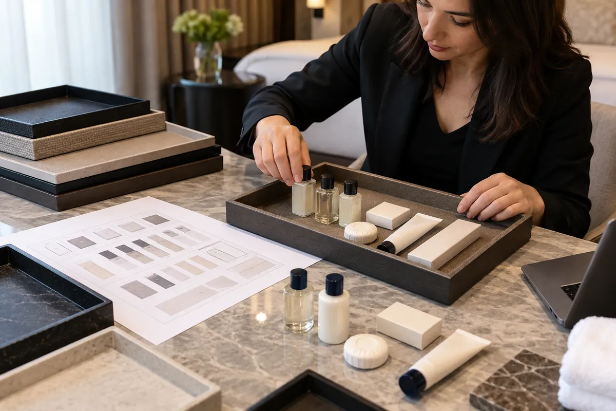 Hospitality buyer maps room-tier amenity items to a tray's inner footprint and vanity clearance