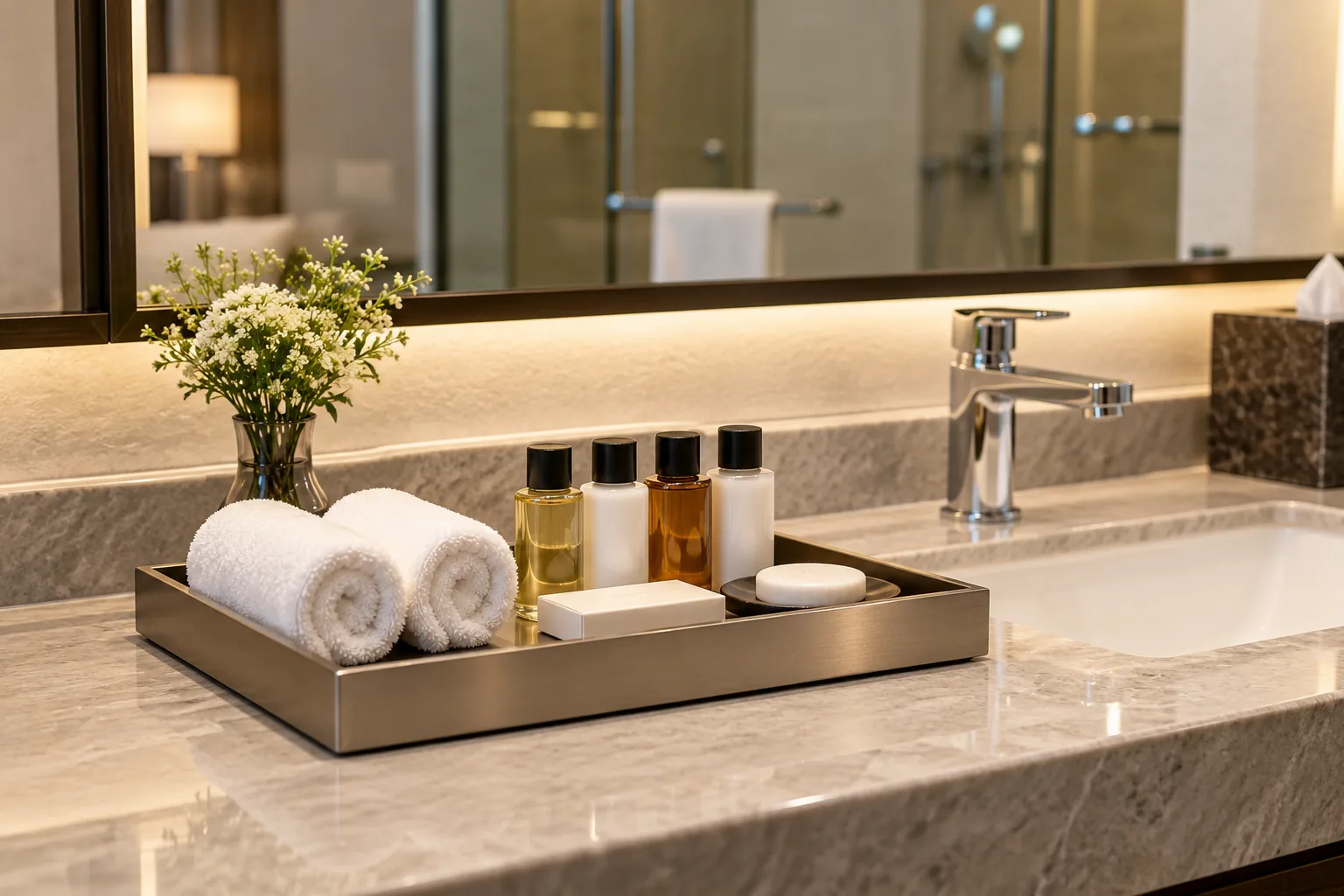 Generic hotel bathroom amenity tray organizes toiletries on a vanity