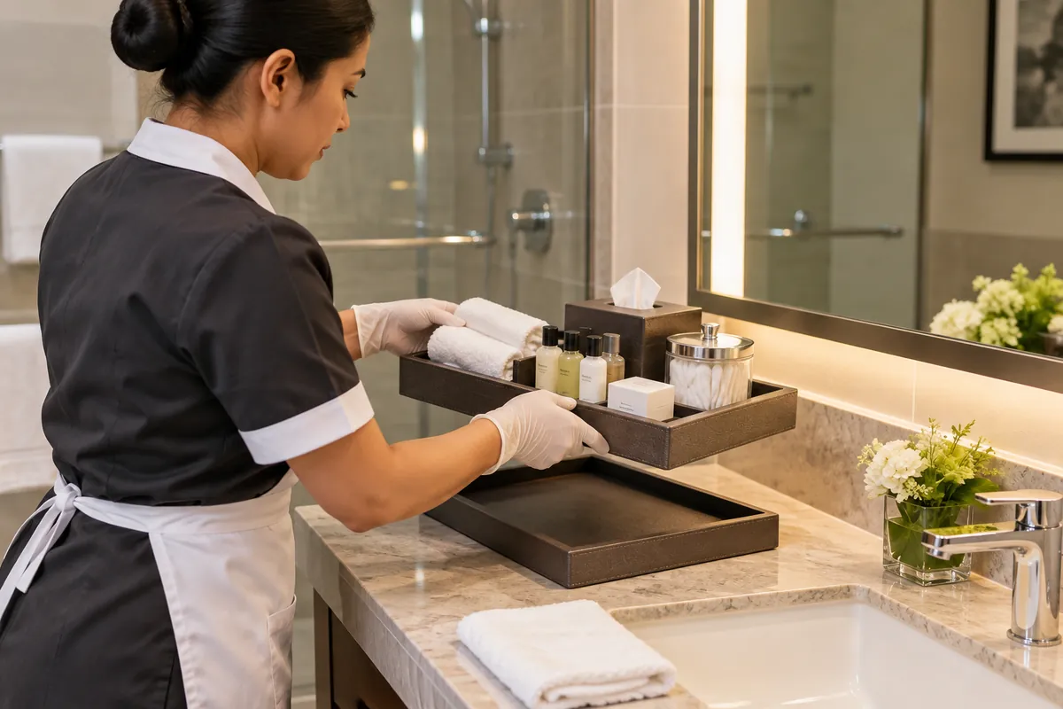 Housekeeping staff lifts a generic tray insert to clean the vanity and restock amenities
