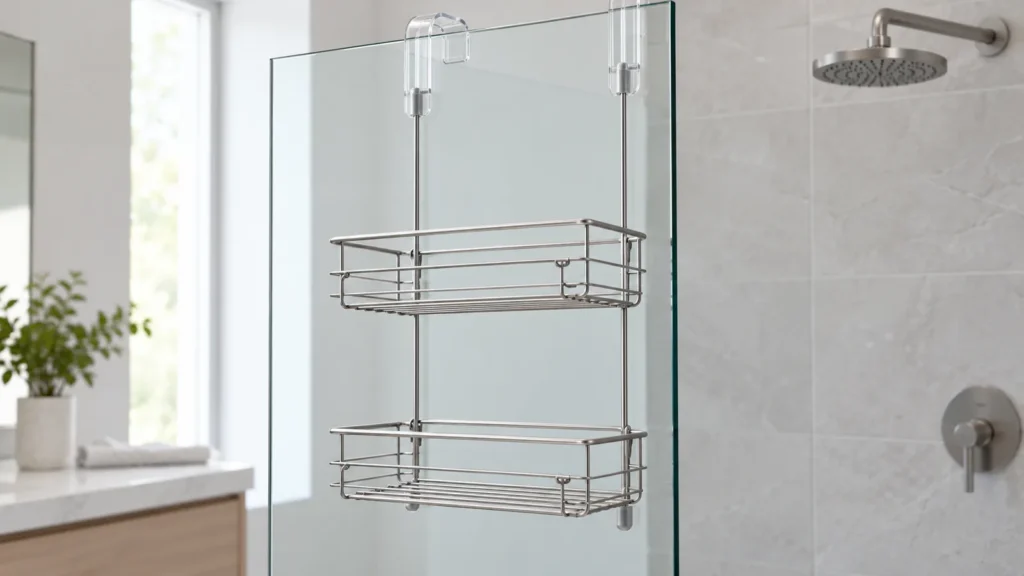 Conceptual over-door shower caddy on a frameless shower panel
