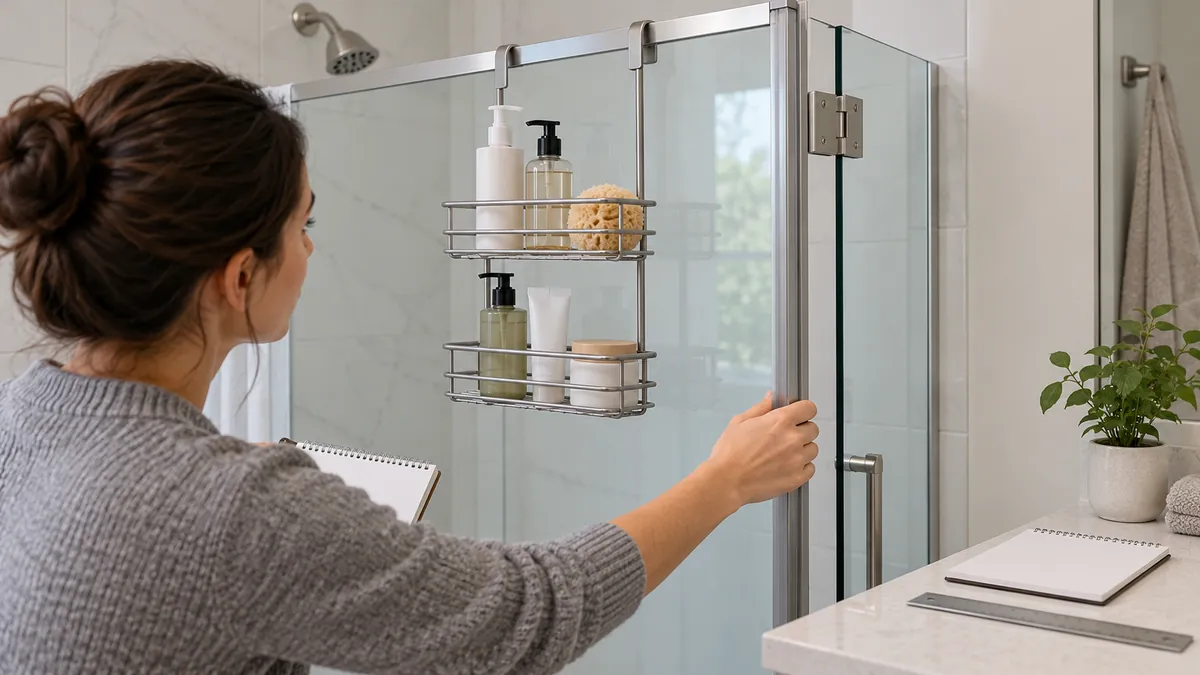 Conceptual review of over-door shower caddy clearance and door movement