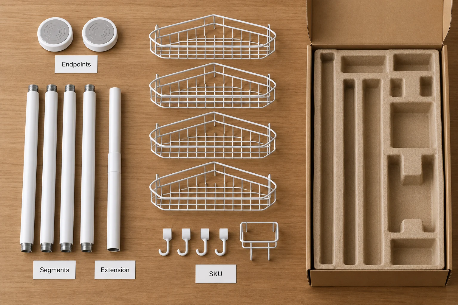 Unbranded conceptual tension-pole shower caddy sample and separate pole sections on a neutral review table.