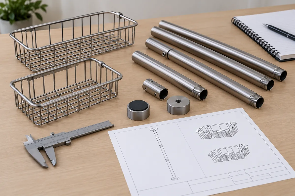 Importer reviewing a tension-pole shower caddy sample, loose pole segments and a height-range drawing on a table