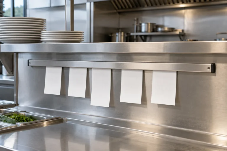 Generic metal order-ticket rail holding blank tickets at a kitchen pass