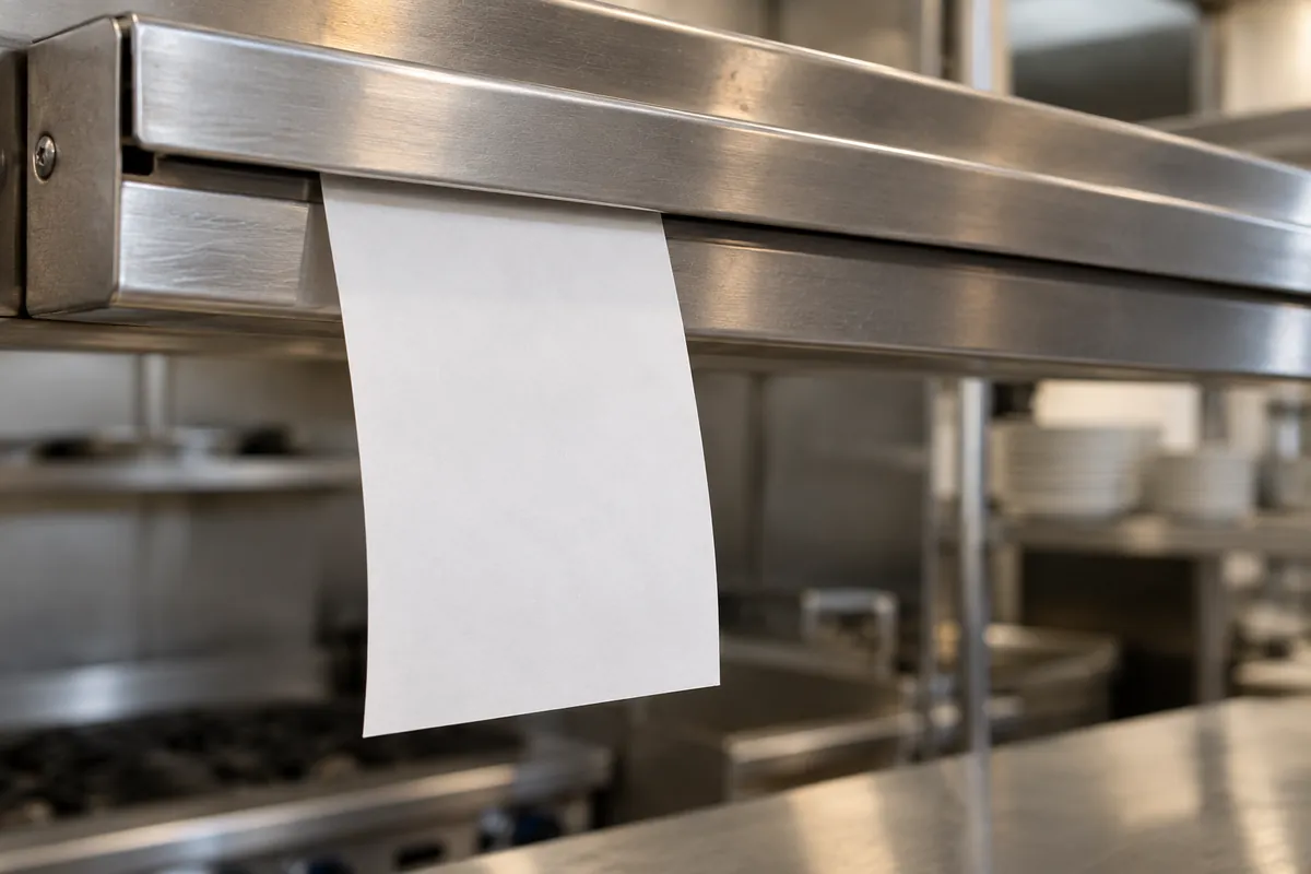 Close view of a blank ticket entering a generic metal order rail
