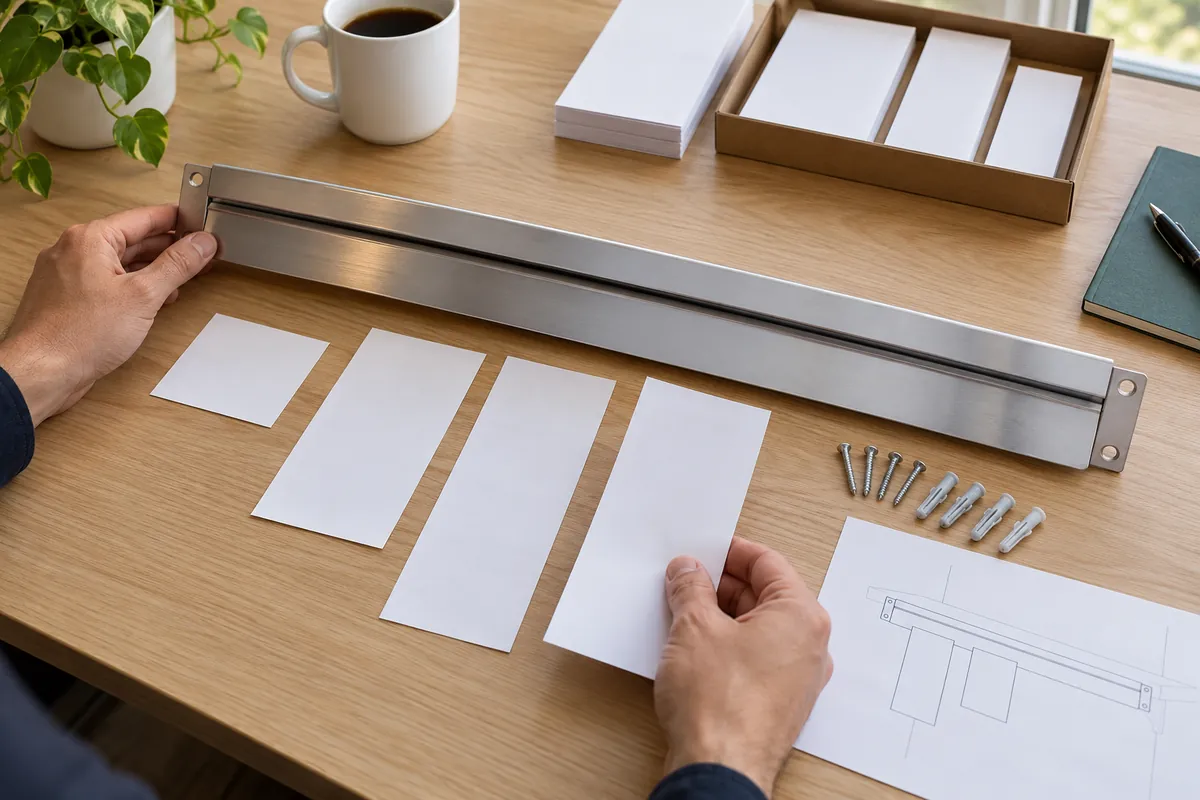 Buyer compares ticket widths and rail mounting details on a generic sample