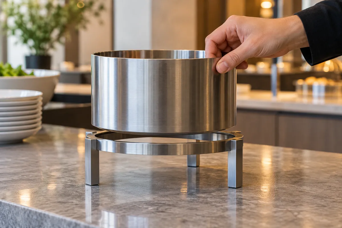 Close view of a removable utensil cylinder seated in a generic metal ring support