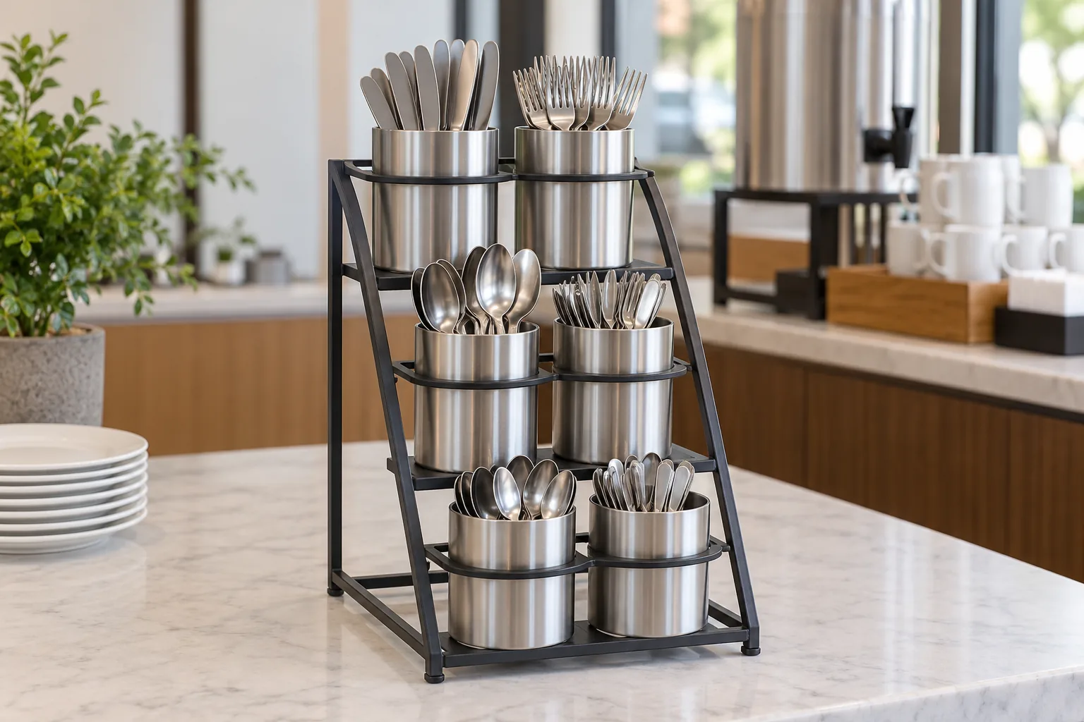 Generic metal display frame holding separate plain utensil cylinders on a hospitality counter