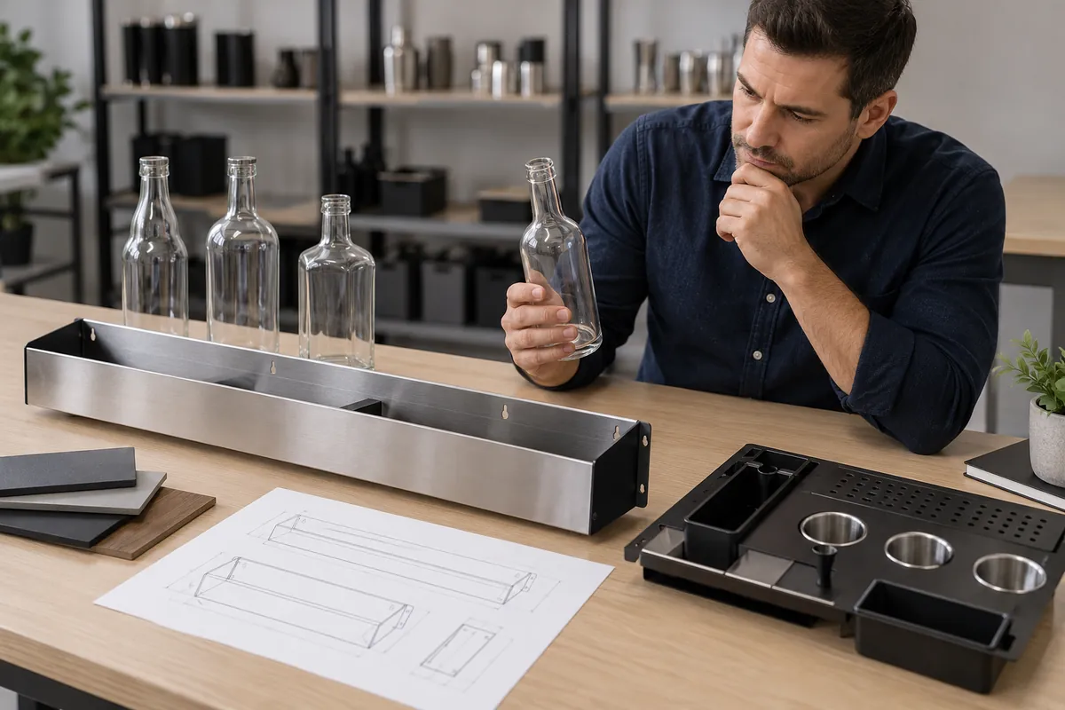 Buyer reviewing a generic speed rail, bottles and mounting sketch