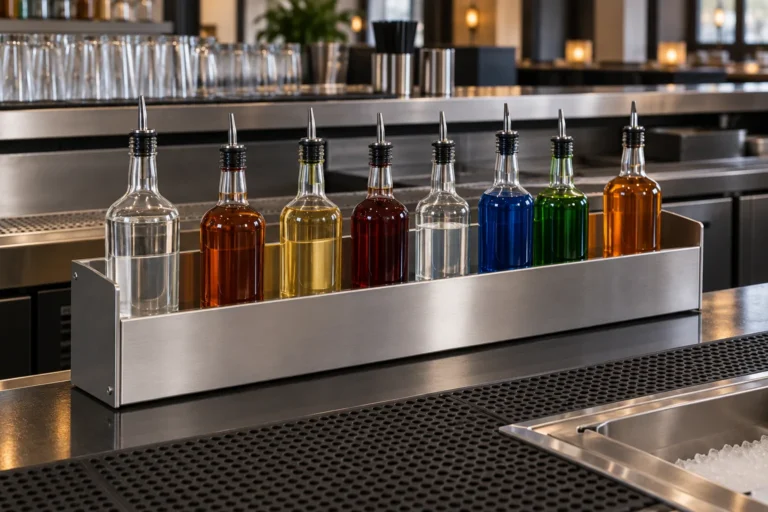 Generic single-tier metal speed rail holding plain bottles at a bar workstation