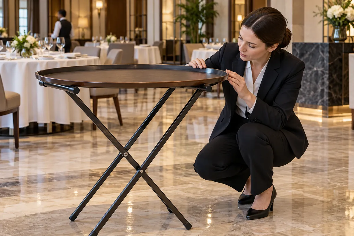 Hospitality buyer reviewing a tray set-down path on a generic folding metal stand
