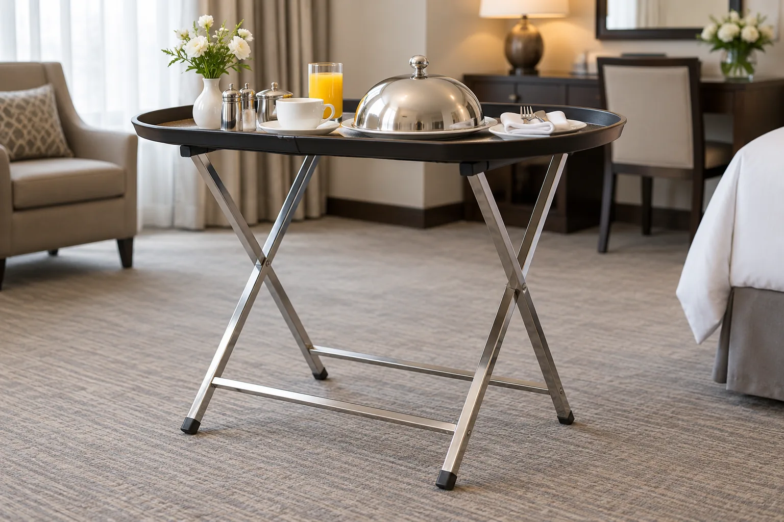 Generic folding metal service tray stand supporting a plain oval tray