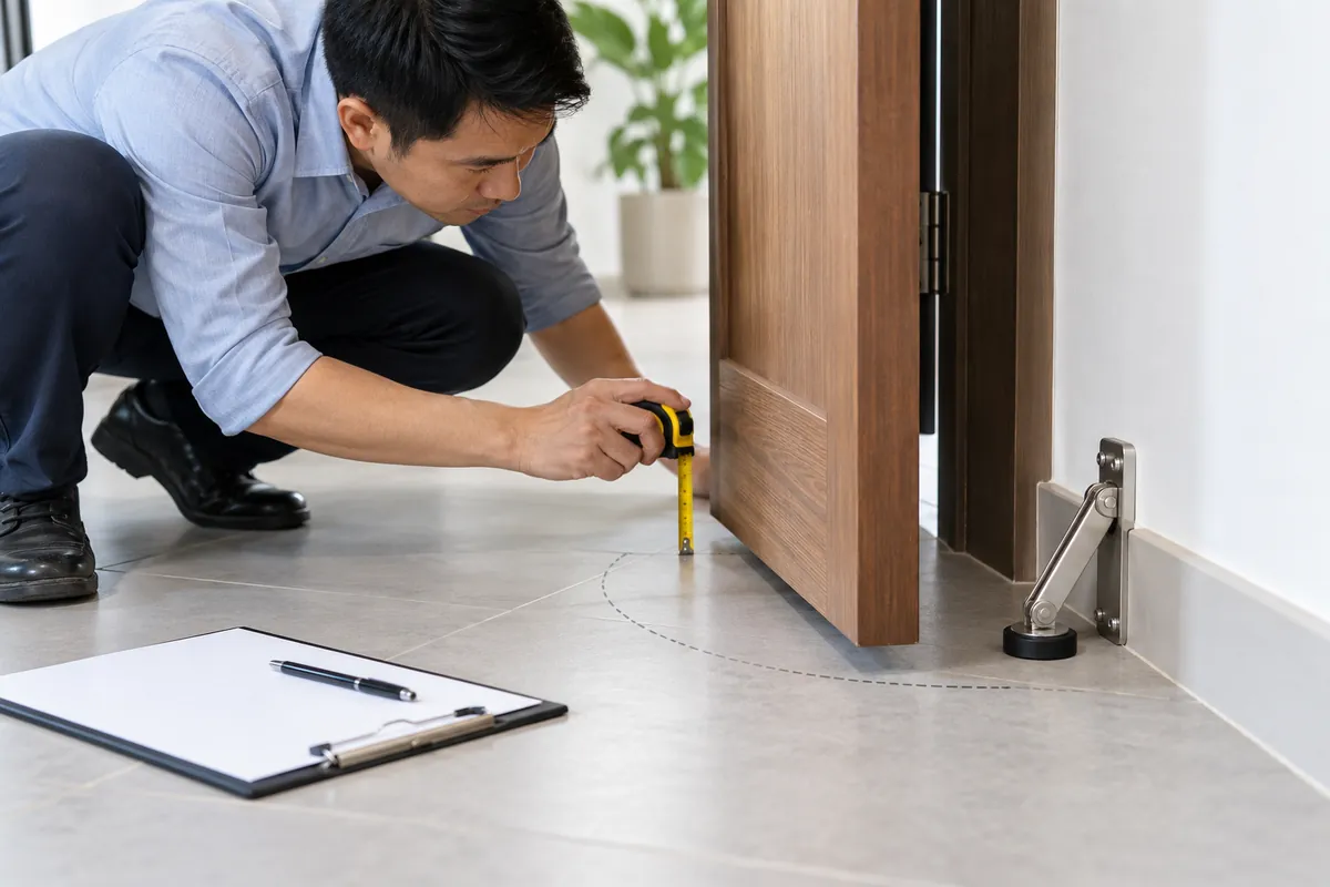 Buyer checking door and floor clearance beside a generic folding magnetic holder