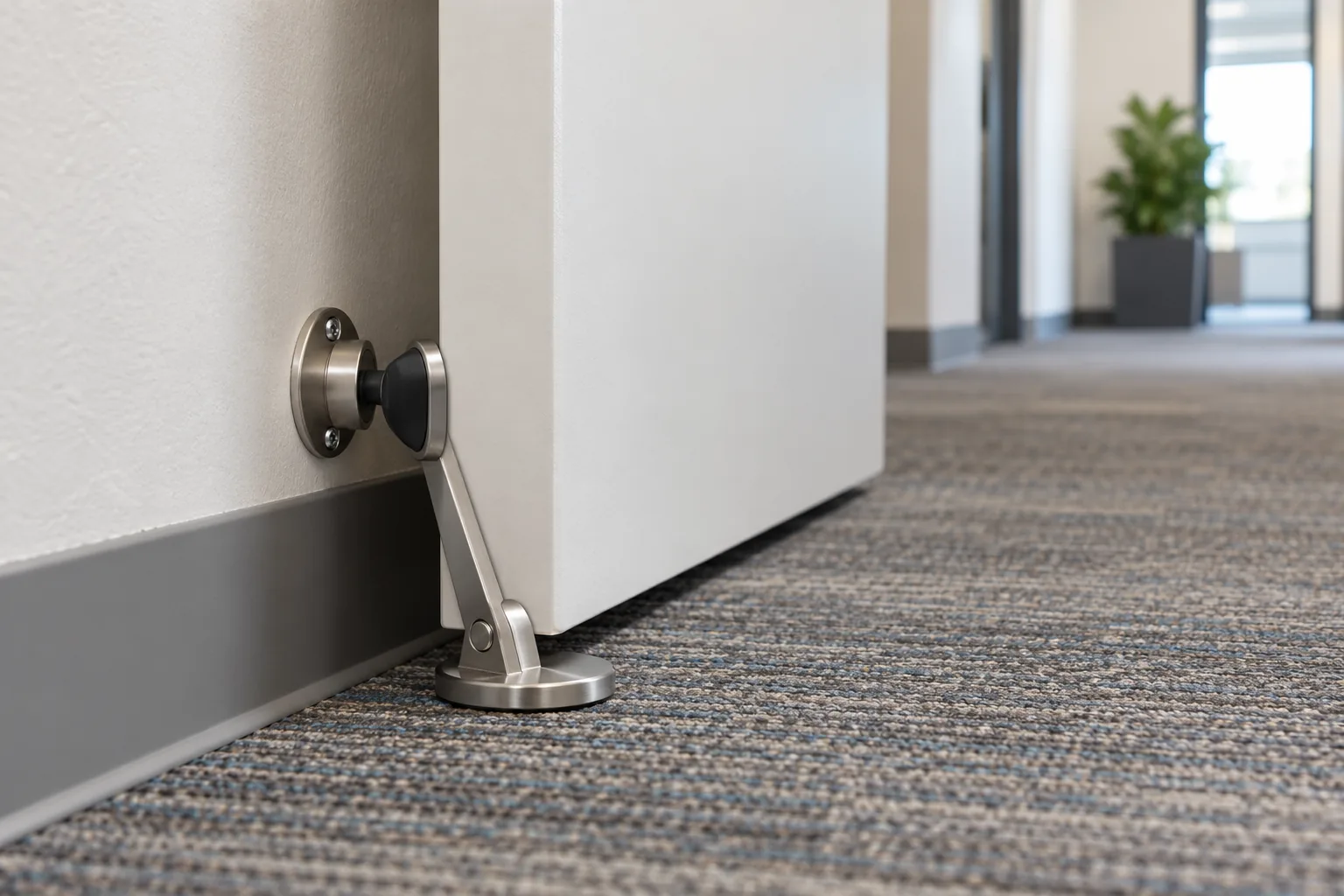 Generic folding magnetic door holder deployed beside a plain interior door