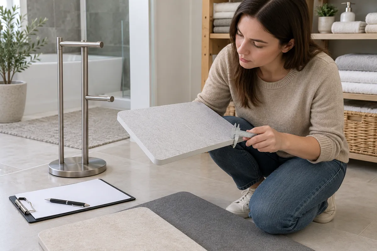 Buyer checking the dimensions of a rigid panel beside a generic metal storage stand
