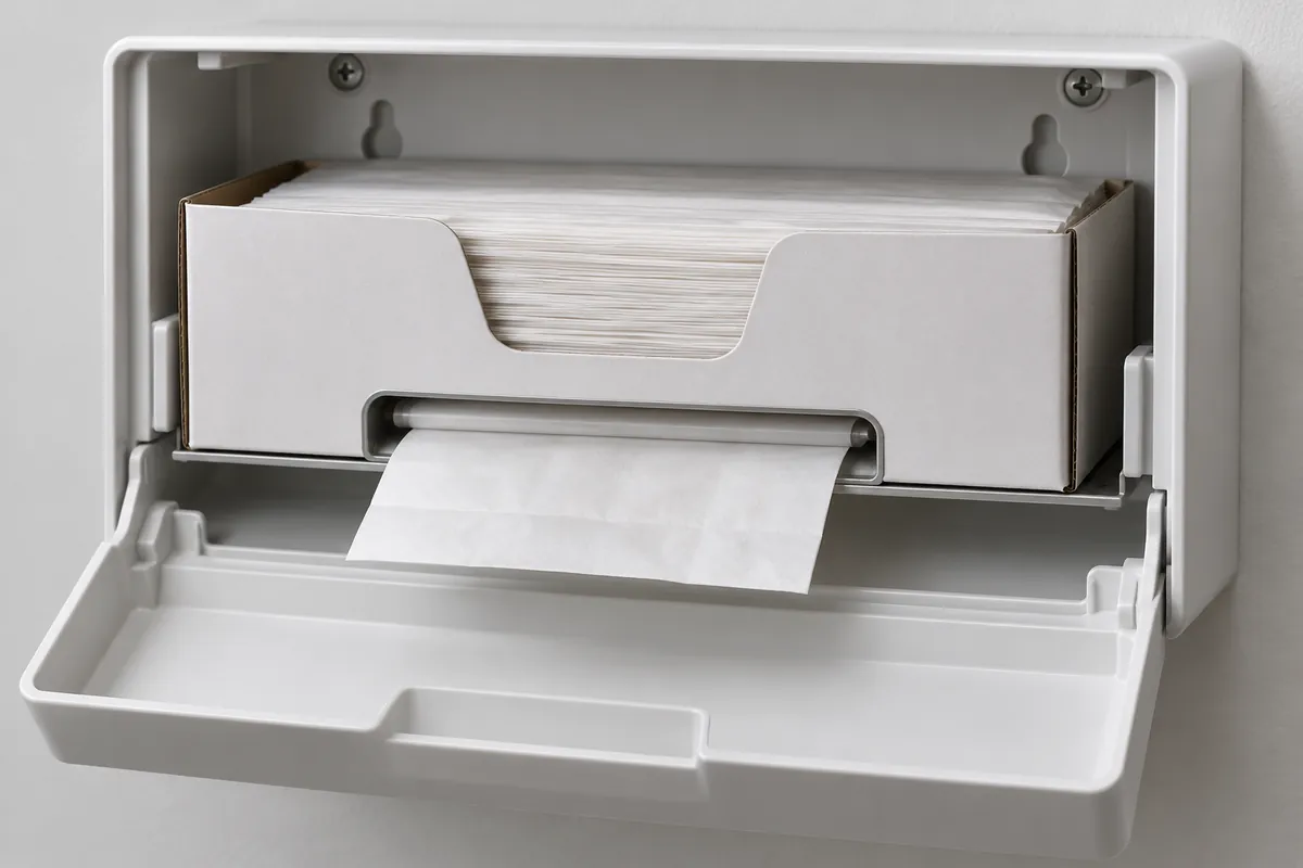 Detail of a generic refill carton outlet aligned with a metal dispenser opening