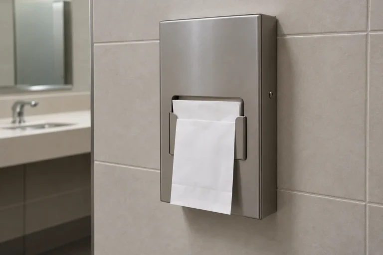 Generic wall-mounted metal dispenser holding an unbranded refill carton for unused sanitary bags