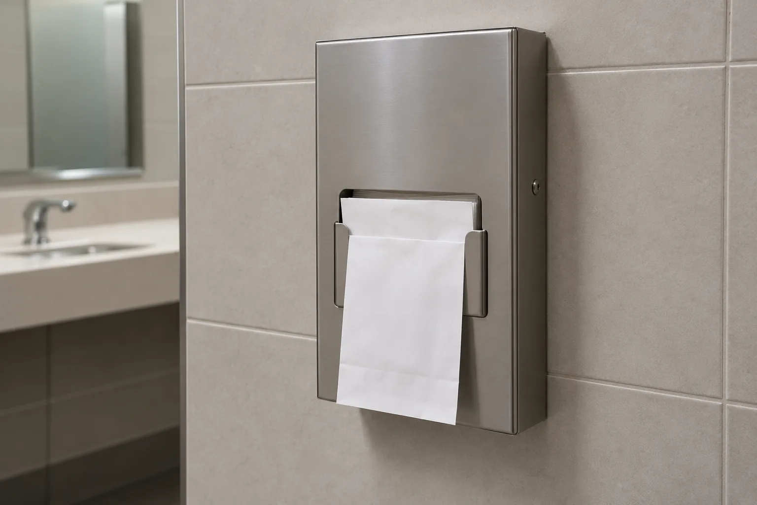 Generic wall-mounted metal dispenser holding an unbranded refill carton for unused sanitary bags