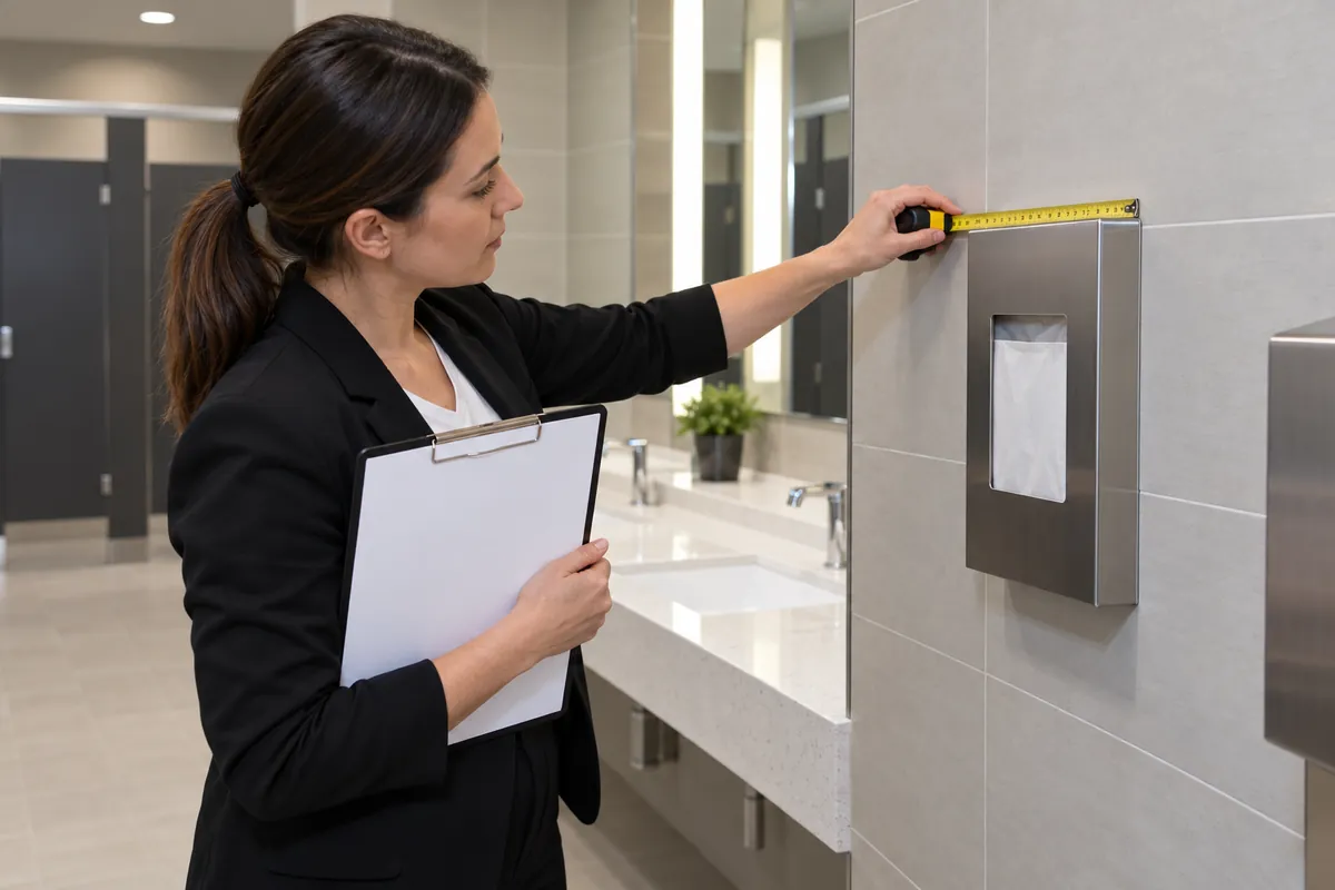 Buyer reviewing the installed opening and refill path on a generic metal dispenser