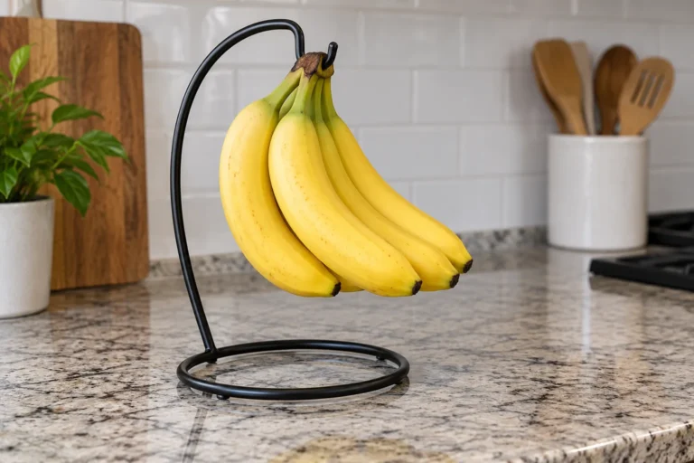 Generic countertop metal banana hanger holding an unbranded banana bunch