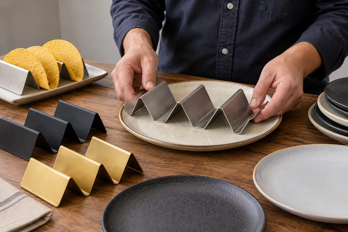 Buyer comparing a generic taco holder footprint to a plain serving plate