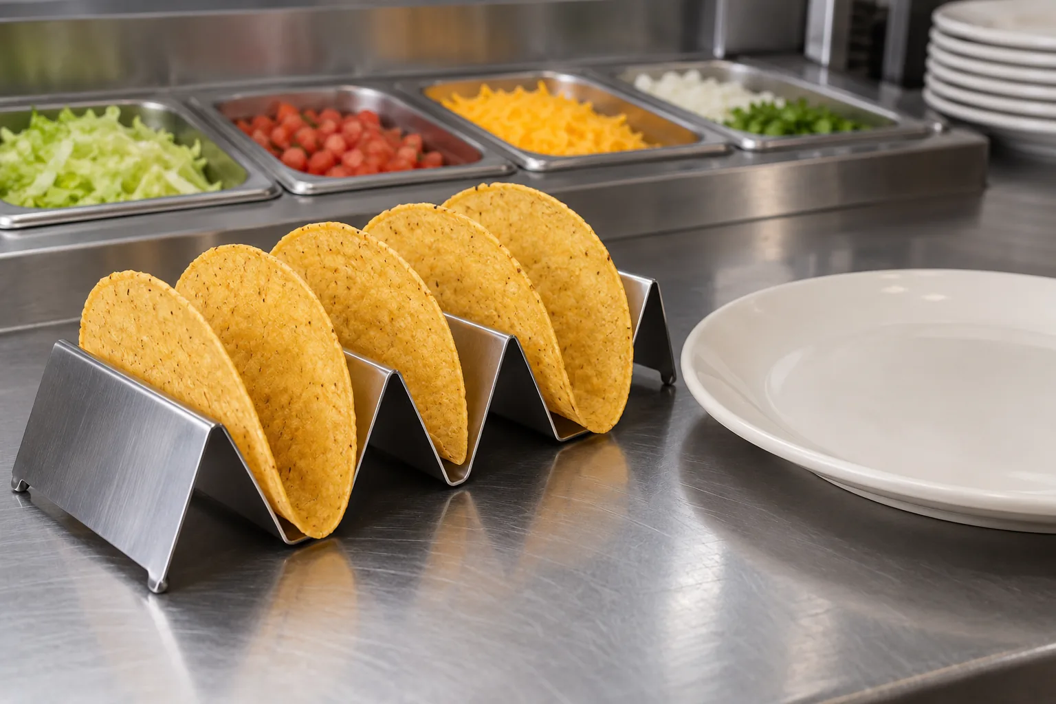 Generic unbranded formed-metal taco holder with empty shell supports on a serving plate