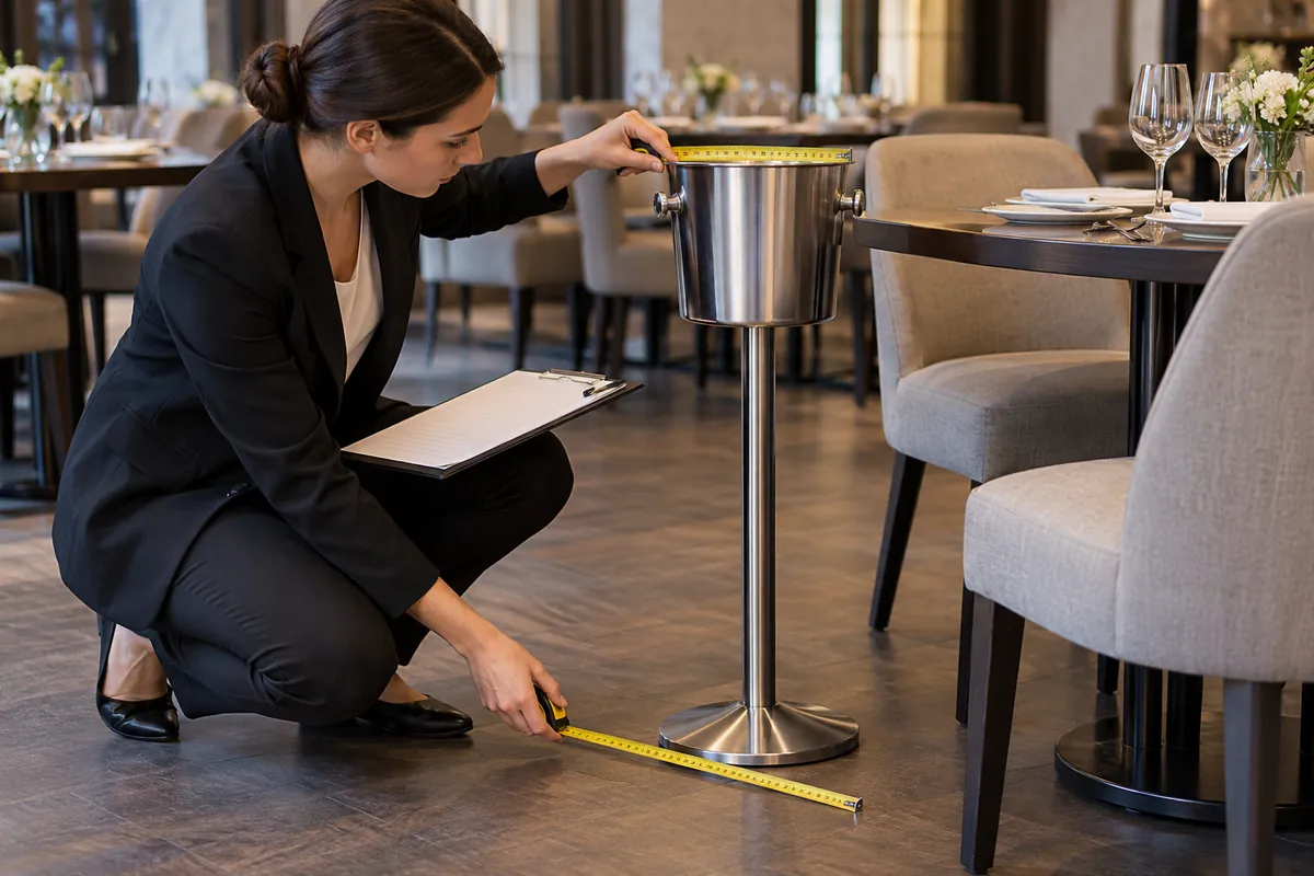 Buyer checking a generic bucket stand's tableside access envelope