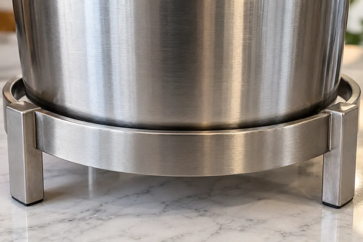 Close detail of a plain bucket seated at the support ring of a generic metal stand