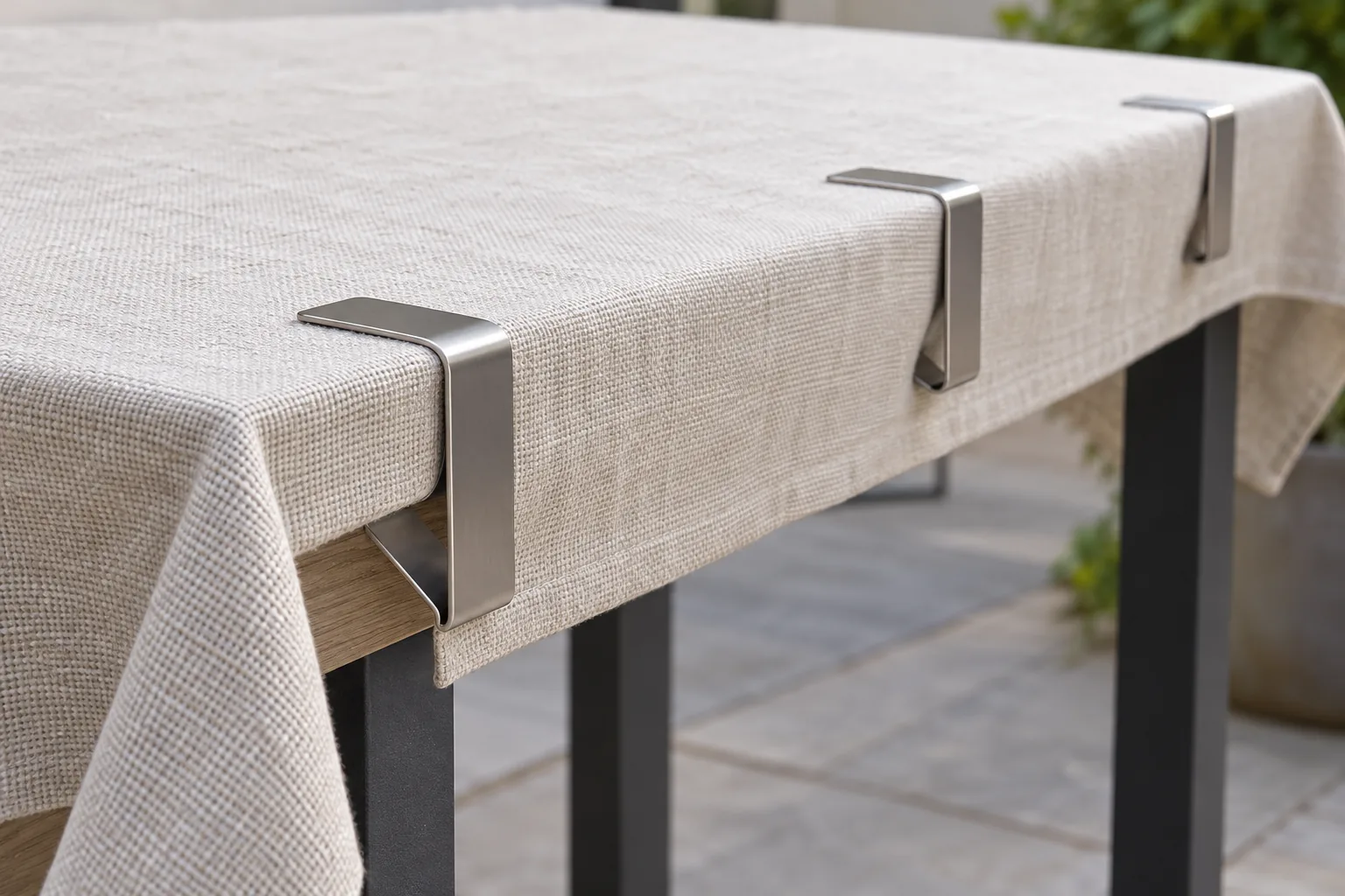 Conceptual metal tablecloth clips on a covered tabletop edge