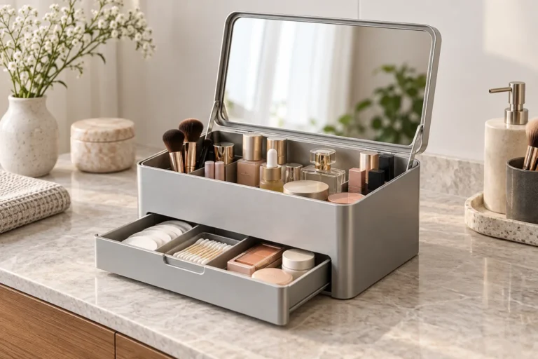 Conceptual stationary metal makeup storage box with sliding tray and mirror lid