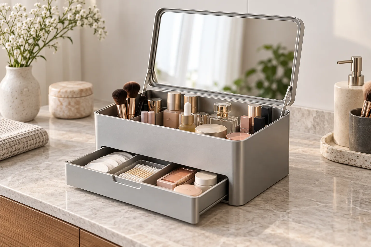 Conceptual stationary metal makeup storage box with sliding tray and mirror lid
