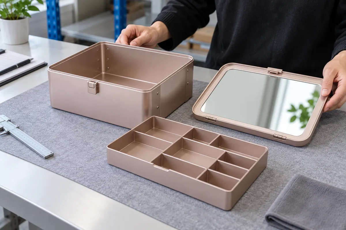 Sliding-tray and mirror-lid interface detail