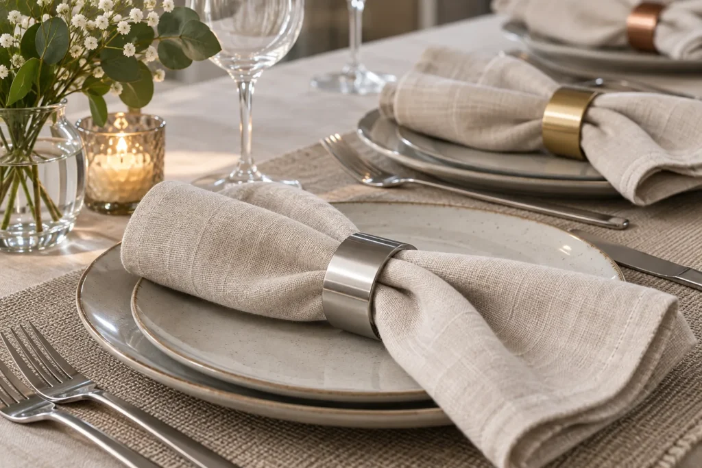 Metal napkin ring linen fit: Folded-linen and fabric-contact checks