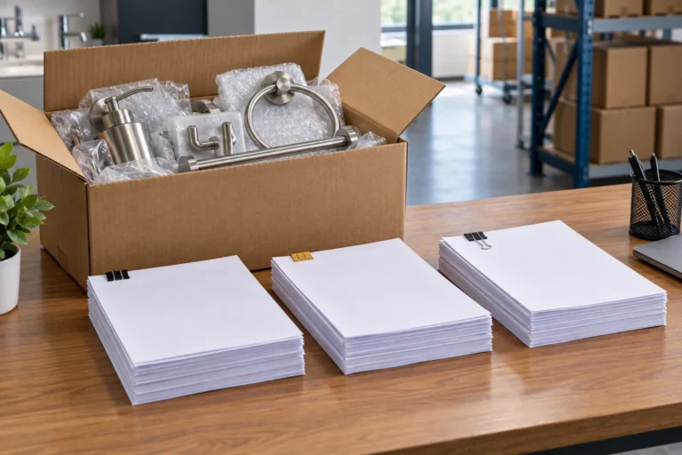 Neutral procurement records beside generic hardware cartons