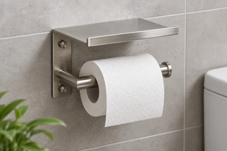 Generic wall-mounted metal toilet roll holder with a small integrated shelf and plain roll.