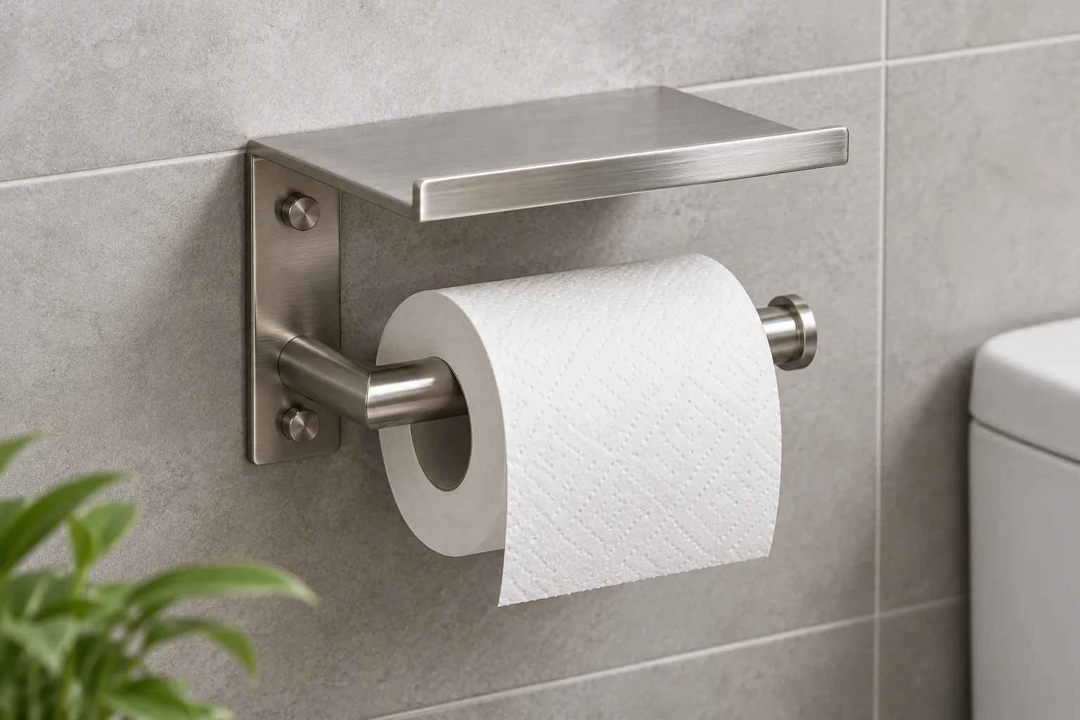 Generic wall-mounted metal toilet roll holder with a small integrated shelf and plain roll.