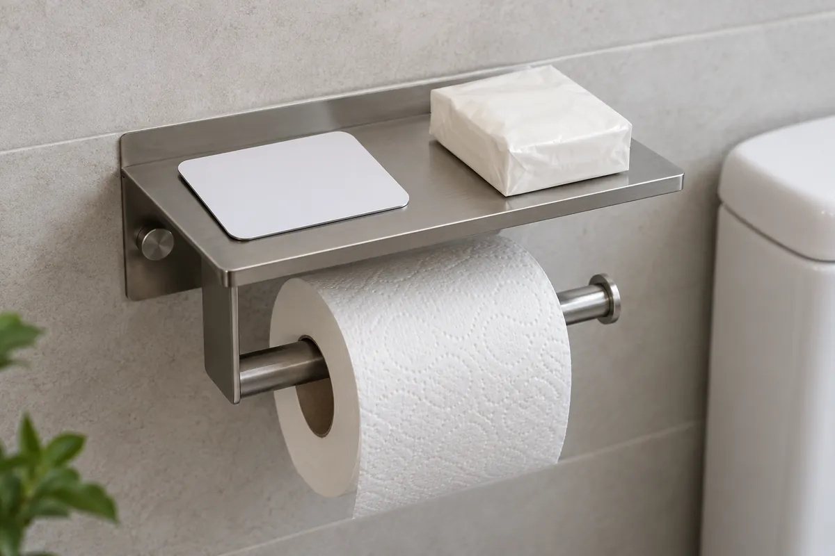Buyer comparing a blank phone-sized card and small packet to a generic holder shelf